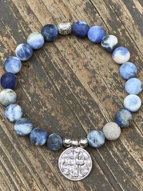 Natural Stone Cross Charm Stretchy Bracelet